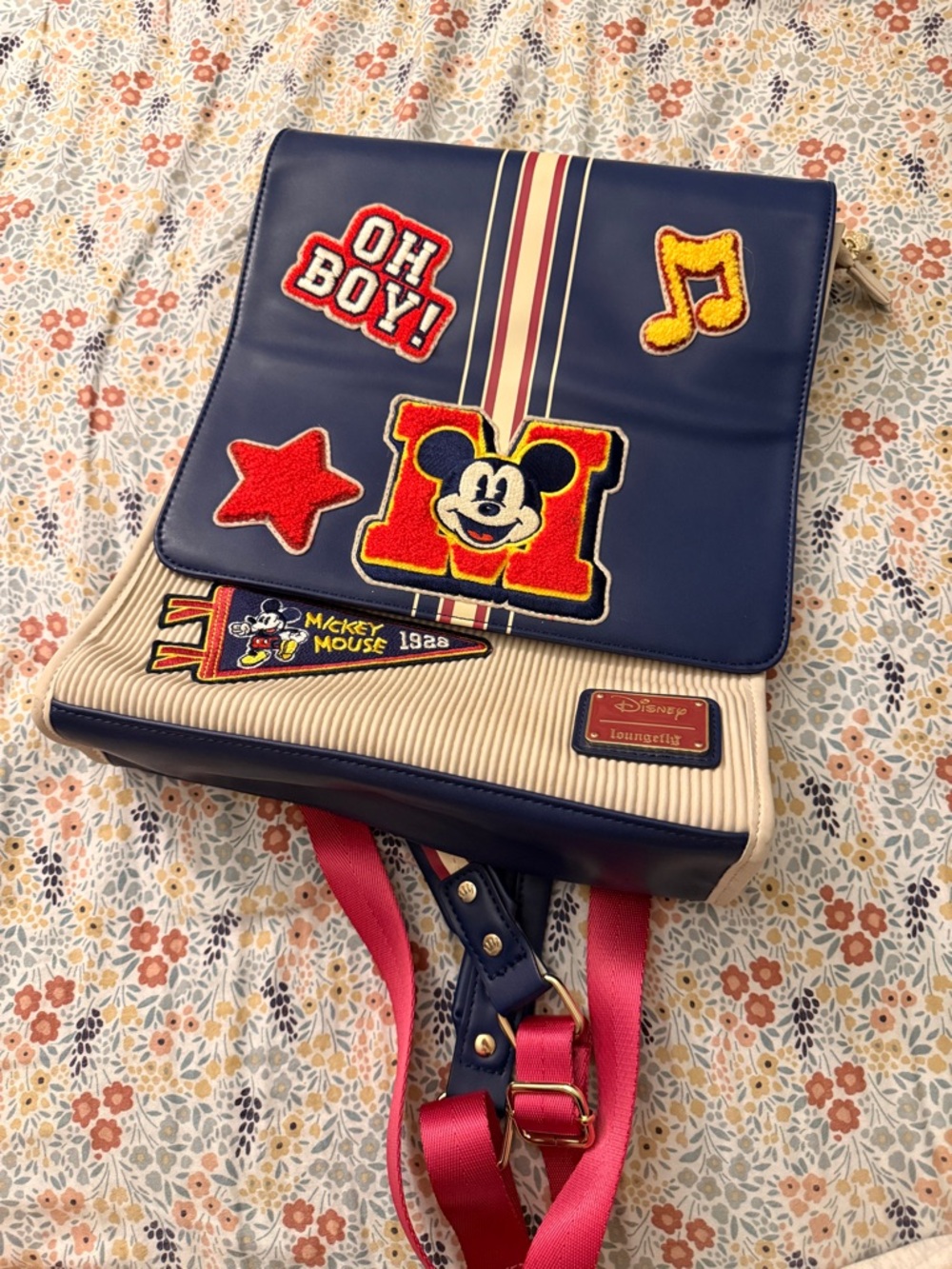 Loungefly Navy Blue Mickey Patch Backpack with Pink Straps